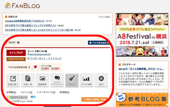 ファンブログの管理画面